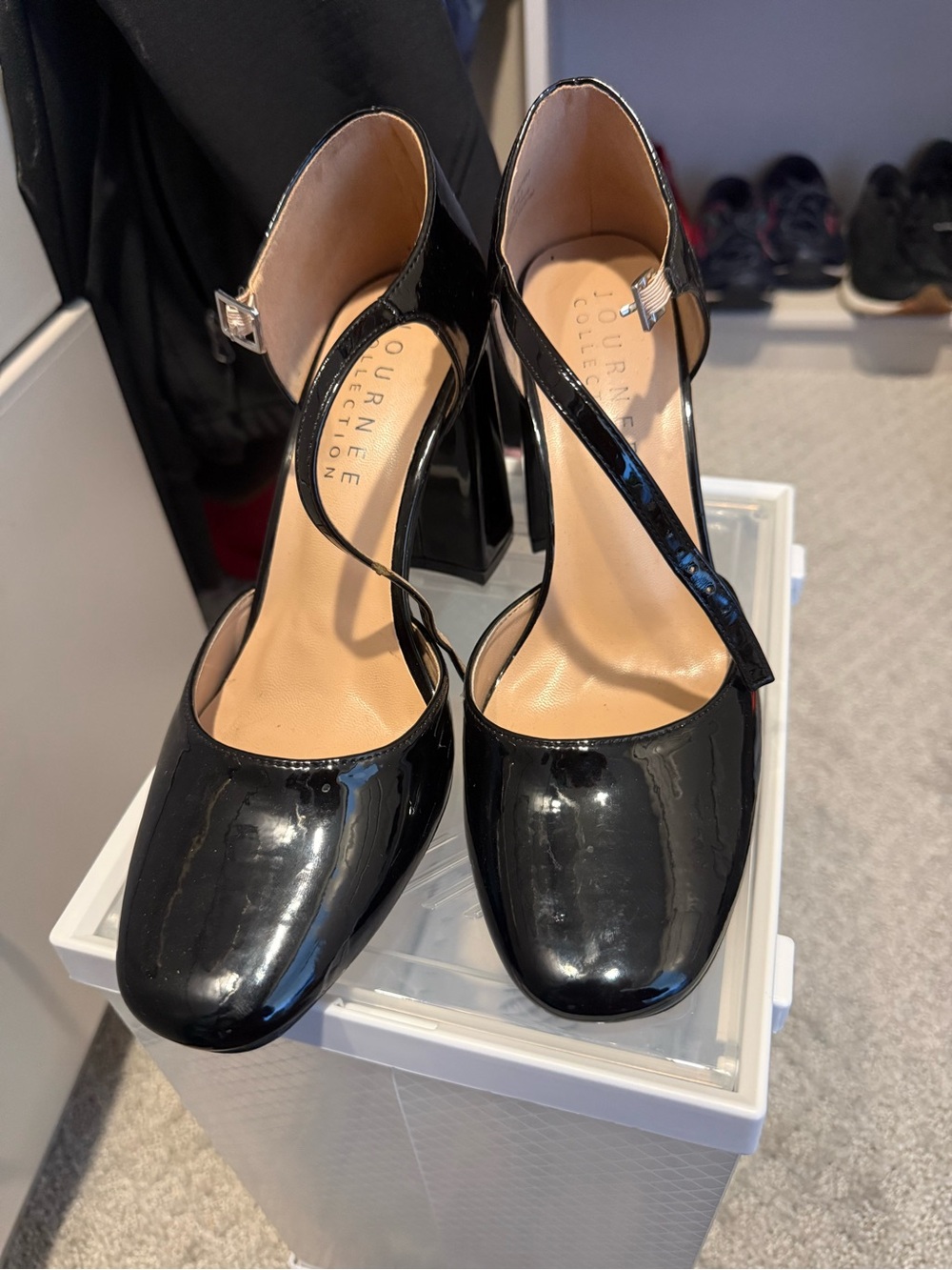 Journee Collection Black Patent Cross-Strap Block Heel Pumps